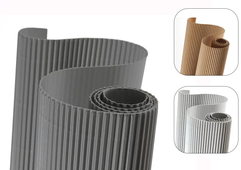 Corrugated cardboard rolls in gray, brown, and white for packaging