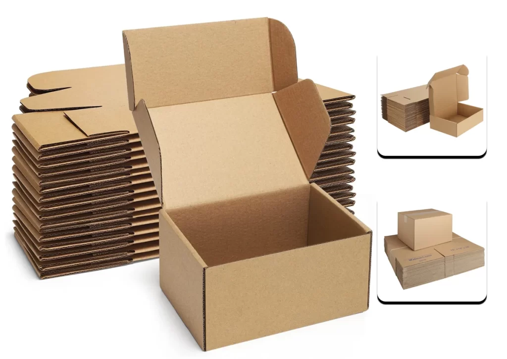 Flat-packed corrugated shipping boxes with one open box